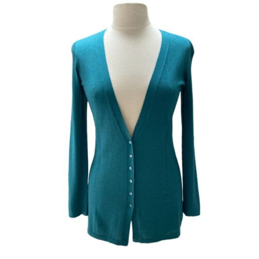 Saks Fifth Avenue Women’s Cardigan Teal Silk Cashmere Sweater Button S